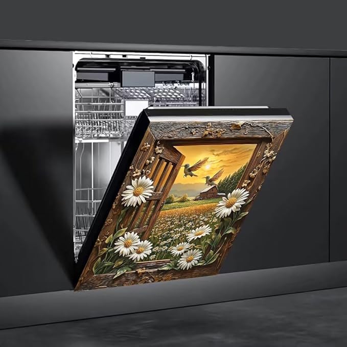 Daisy Floral Farmhouse Scene Magnetic Dishwasher Cover Vinyl Sticker,Vintage Wooden Dishwasher Magnet Cover, Hummingbirds Fridge Door Cover Magnets Art Skin Panel Decal for Home Decor, 23"X26"