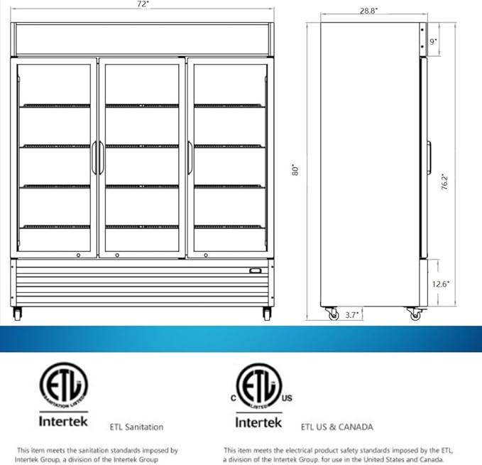 Merchandiser Refrigerator 3 Glass Door, 56 cu ft Beverage Display Cooler, Commercial Upright Fridge with LED Lighting, Adjustable Shelves for Displaying Beverages, Beer, and Drinks, Black