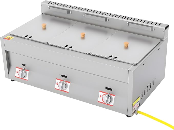 3 x 10L LPG Gas Deep Fryer, Commercial Stainless Steel Gas Food Warmer Countertop Electric Steamer Table with 3 Lids & 122-716℉ Adjustable Temperature for Home Kitchen Restaurant