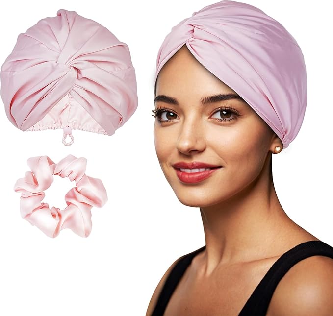Adjustable Silk Satin Hair Bonnet for Sleeping Women, Double Layer, Hair Wrap Straight Curly Natural Hair Bonus a Scrunchie