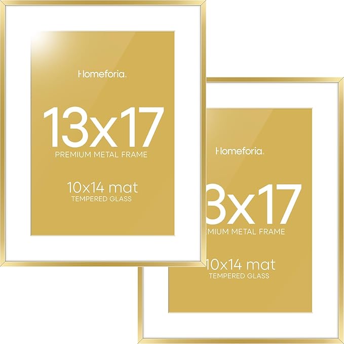 Homeforia 13x17 Picture Frame Gold, High End Metal 13x17 Poster Frames with Mat 10x14 Photo, 13 x 17 Gold Frame Matted to 10 by 14 Print, 17by13 Thin Hanging Frames, Tempered Glass, Wall Kit, Set of 2