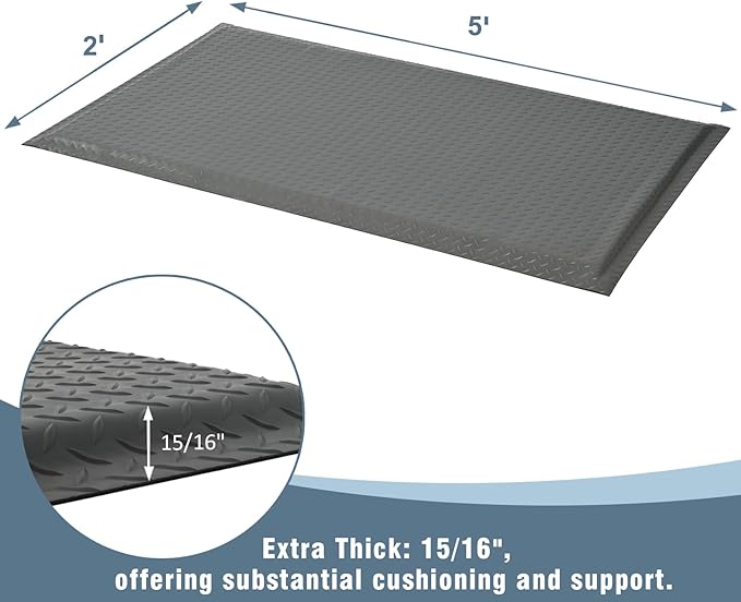 Anti Fatigue Mats Industrial 2' x 5' 15/16" Thick Ergonomic Standing Mat Commercial Kitchen Mat Heavy Duty Diamond Plate Cushioned Shop Floor Mats Helps Relieve Back and Leg Soreness