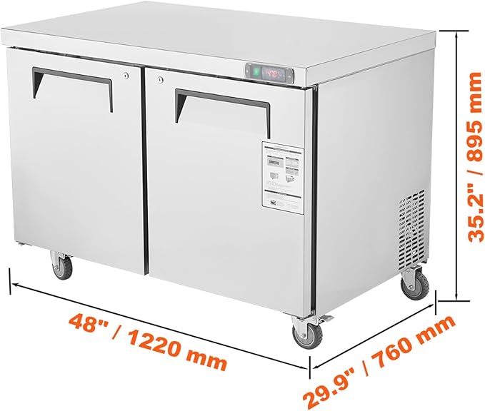 VEVOR 48" W Commercial Freezer Worktop, 12.9 Cu. Ft Undercounter Freezers with/Casters, <0~-8℉>Defrost Frozen Prep Table, 2 Doors Stainless Steel Food Frozen Prep Station for Restaurant, Diner, Bar