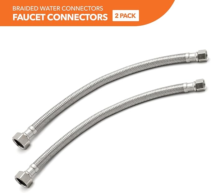 Stainless Steel Braided Water Connectors with Reinforced PVC Inner Hose for Faucets, 3/8" Compression x 1/2" FIP, 12" Length (2Pack)