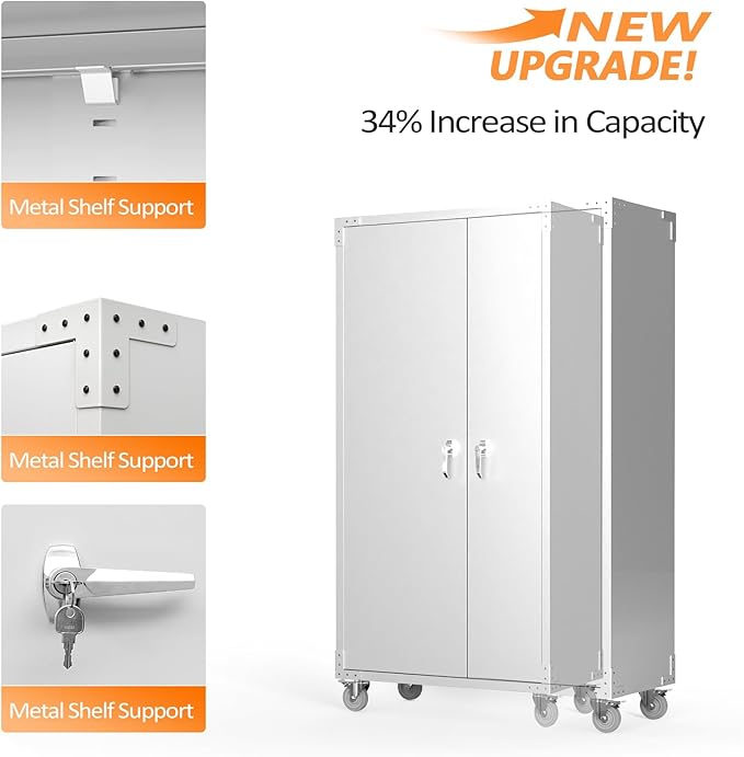 VINGLI Upgraded Wide & Deep Garage Storage Cabinet, Metal Storage Cabinet with Pegboards, Wheels, Locking Doors and Adjustable Shelves (Gray, 43''W x 20''D x 72''H)