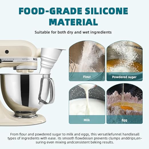 Silicone Flour 5QT 6QT 7QT Long Size Funnel for Kitchen Aid Stand Mixer,Food Grade BPA-Free Silicone Durable Long Version Funnel Fits 5QT 6QT 7QT,Mess-Free Dishwasher Safe Baking Accessory(White-Long)