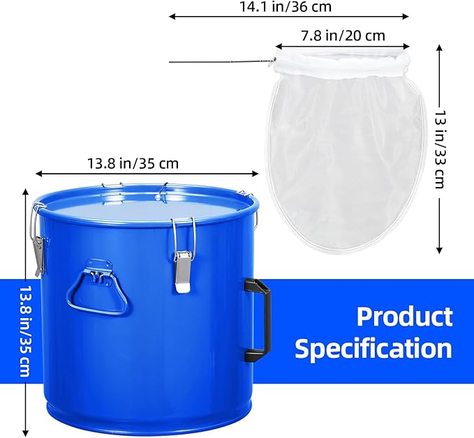 PioneerWorks Fryer Grease Bucket, 8 Gal Fryer Oil Bucket with Lid, Oil Disposal Caddy, Coated Carbon Steel Oil Filter Pot with Rust-Proof Coating, Oil Transport Container with Lock Clips, Filter Bag