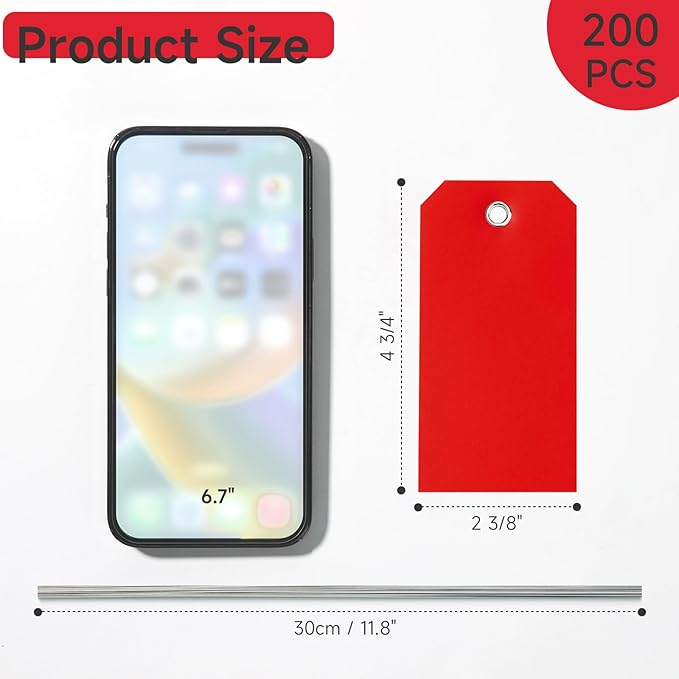 200 Red Tags - 4 3/4" x 2 3/8" Writable Hang Tags with Reinforced Marking for Auto Parts, Luggage, Garage, Inventory & Outdoors