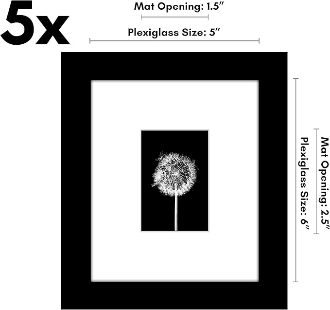 Americanflat 5x6 Picture Frame with Polished Plexiglass - Set of 5 - Use as 2x3 Frame with Mat or Display 5x6 Photo Without Mat - Galleria Collection - Picture Frames for Tabletop and Wall - Black