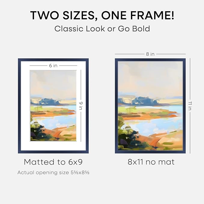 Homeforia 8x11 Picture Frame Navy Blue, High End Metal 8 x 11 Poster Frames with Mat 6 by 9 Photo, 11x8 Frame Matted to 6x9 inch Print, 8by11 Wall or Tabletop Frame, Tempered Glass, Wall Kit, Set of 2