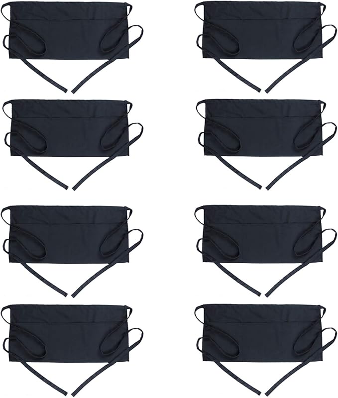 BOHARERS Waist Apron with 3 Pockets - Black Waitress Waiter Server Short Aprons