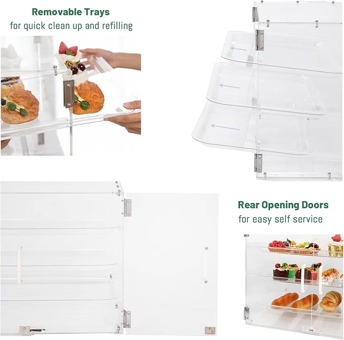 YBSVO 3-Tier Commercial Bakery Display Case - 21-Inch Countertop Pastry & Dessert Showcase with Slanted Front, Removable Trays & Magnetic Back Doors, Clear Acrylic for Bakeries, Cafes, Markets