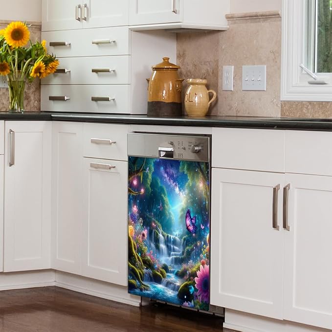 Dishwasher Magnet Cover Forest Flower Water Dishwasher Decorative Cover Front Dishwasher Door Cover Reuseable Dishwasher Cover Panel Decal for Kitchen Refrigerator Home Appliances 23" X 26"