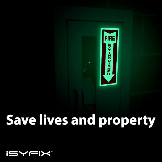 iSYFIX Fire Extinguisher Glow in the Dark Sticker Sign – 5 Pack 4x12 Inch – Premium Self-Adhesive Vinyl, Laminated for Ultimate UV, Weather, Scratch, Water and Fade Resistance, Indoor and Outdoor