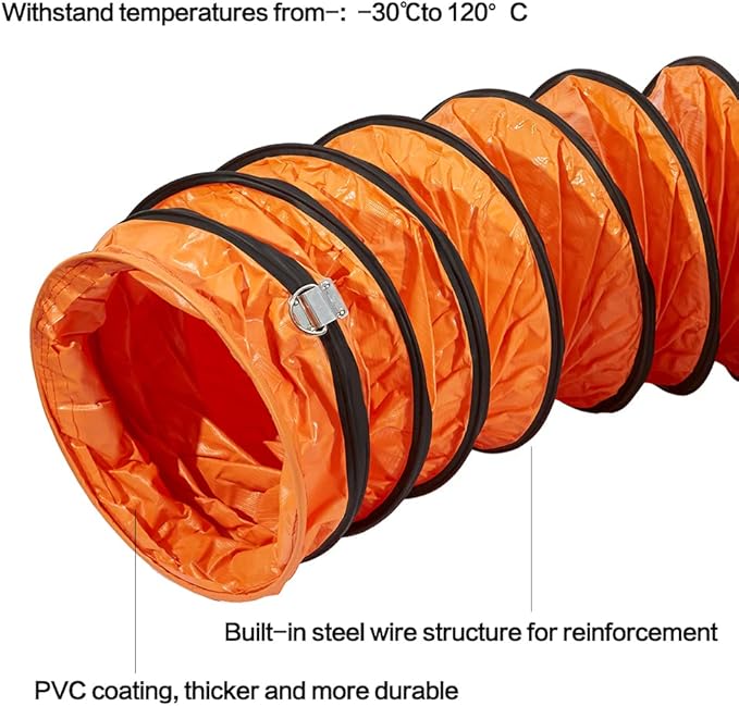 PVC Flexible Duct Hose 25FT, HVAC Duct Hosing Flame Retardant for 8in Ventilator Utility Blower Fan with Adjustable Rope and D-Ring, Easy Storage (8inx25ft)