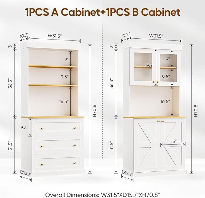 71" Farmhouse Kitchen Pantry Cabinet Set of 2, White Freestanding Coffee Bar Hutch with Glass Doors, Drawers & Adjustable Shelves, Large Storage Cabinet with Microwave Stand for Living Room & Kitchen