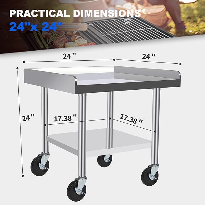 Commercial-Grade Stainless Steel Workstation Table with Under Shelf & Lockable Casters (24"x24"x24")