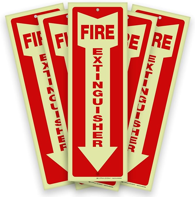 iSYFIX Fire Extinguisher Glow in the Dark Signs – 5 Pack 4x12 Inch – 40 mil Thick Polystyrene Plastic, Laminated for Ultimate UV, Weather, Scratch, Water & Fade Resistance, Indoor & Outdoor