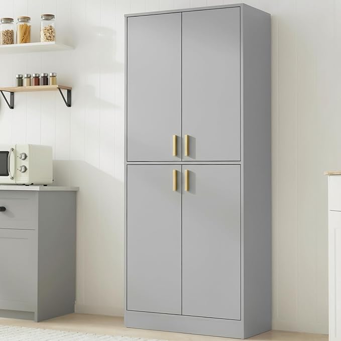 Cozy Castle Kitchen Pantry Cabinet, 71" Tall Wood Storage Cabinet with Doors and Shelves 4 Doors Freestanding Cupboard for Dining Room Living Room Bathroom Furniture, Gray