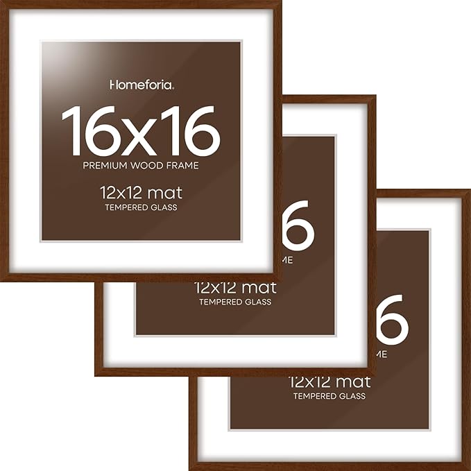 Homeforia 16x16 Brown Picture Frame, High End Dark Oak 16 x 16 Square Wood Frame with Mat 12 x 12 for Photo, 16by16 Wooden Walnut Poster Frame Matted to 12x12 Print, Tempered Glass, Wall Kit, Set of 3