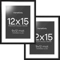 Homeforia 12x15 Black Wood Picture Frame, High End Oak 12x15 Poster Frames with Mat 9x12 Print, 12 x 15 Black Wooden Frame Matted to 9 by 12 Photo, 15x12 Thin Frame, Tempered Glass, Wall Kit, Set of 2
