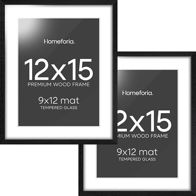 Homeforia 12x15 Black Wood Picture Frame, High End Oak 12x15 Poster Frames with Mat 9x12 Print, 12 x 15 Black Wooden Frame Matted to 9 by 12 Photo, 15x12 Thin Frame, Tempered Glass, Wall Kit, Set of 2