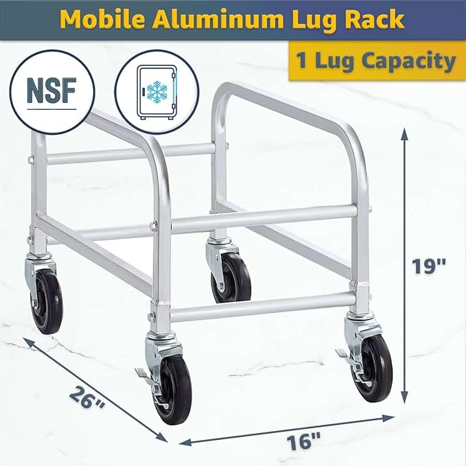 16"x26"x19" Mobile Aluminum Lug Rack with Yellow Meat Lug Tote Box - NSF Heavy-Duty 1 Lug Capacity Food Storage Cart with 5" Swivel Casters, Freezer Safe, Commercial Cart for Seafood, Ingredients