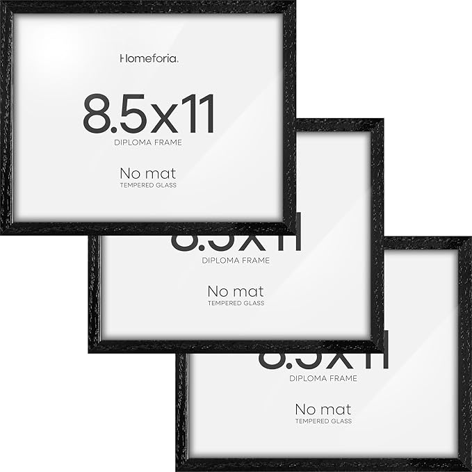Homeforia 8.5x11 Diploma Frame Black Wood, High End Oak 8.5 x 11 Certificate Frames, 11x8.5 Black Document Frames for Wall or Tabletop, 8.5 by 11 Award Wooden Frame, Tempered Glass, Wall Kit, Set of 3