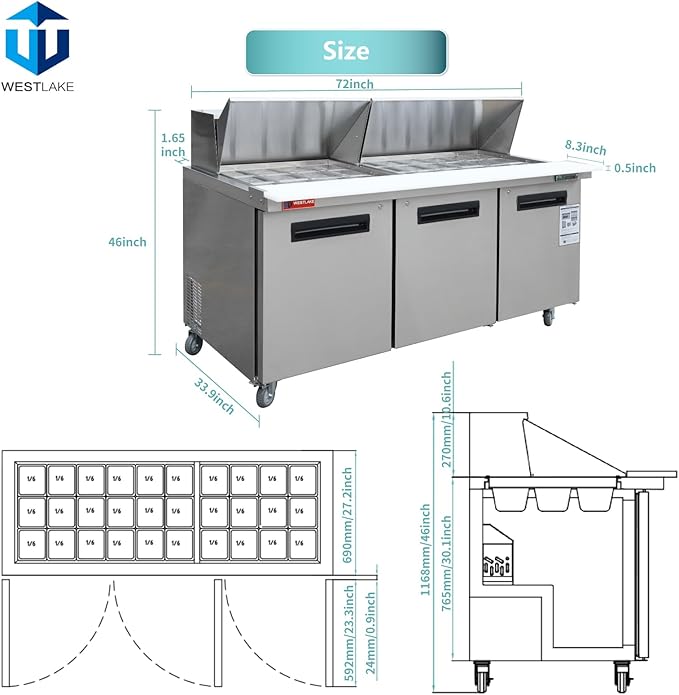 WESTLAKE 72" W 3 Door Refrigerator Sandwich & Salad Prep Table Commercial Mega Top Refrigerator Stainless Steel Counter Fan Cooling with 30 pans for Restaurant, Bar