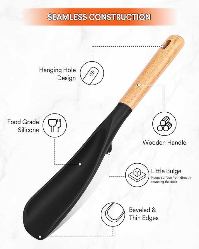 Cooking Spoon for Nonstick Cookwares, Great for Cooking and Serving Sturdy BPA-Free Matte Silicone, Wood Handle Spoon for Mixing, Scoop, and Scrape (BLACK, 11.4 inch)