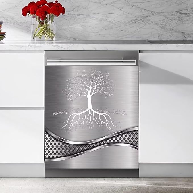 Stainless Steel Design Tree Wallpaper Dishwasher Magnetic Cover Sticker Refrigerator Door Panel Fridge Appliance Magnet Decal Sheet Kitchen Decor 23x17 inch