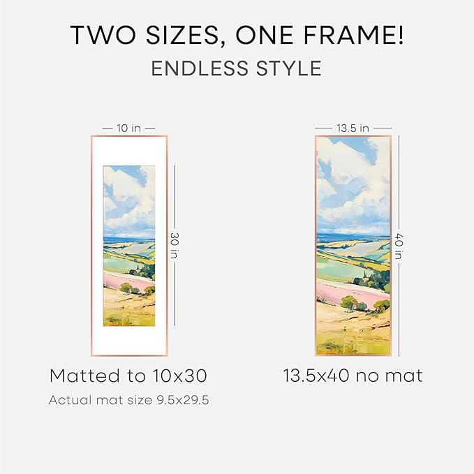 Homeforia 13.5x40 Rose Gold Picture Frame, High End Metal 13.5x40 Panoramic Poster Frames with Mat 10x30 Photo, 13.5 x 40 Frame Matted to 10 x 30 Art, 40x13.5 Frame, Tempered Glass, Wall Kit, Set of 1