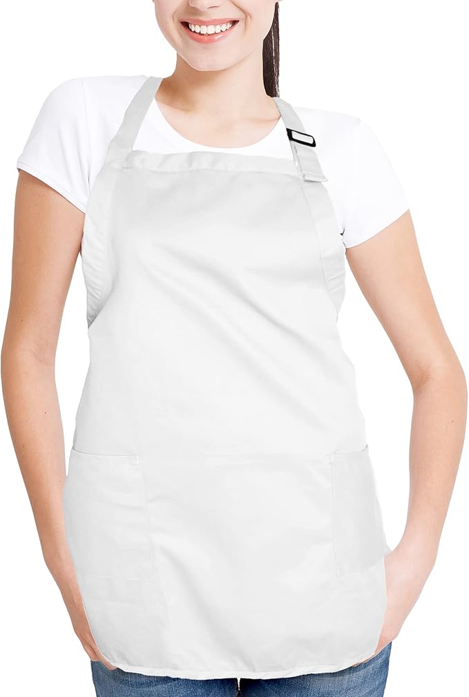 DALIX Apron Commercial Restaurant Home Bib Spun Poly Cotton Kitchen Aprons (2 Pockets) in White 12 Pack