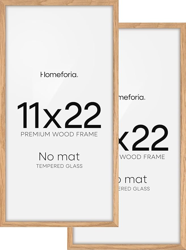 Homeforia 11x22 Newspaper Frame Wooden, High End Natural Oak 11 x 22 Picture Frame Light Wood without Mat, 22x11 Poster Frames for Wall, 11by22 Display Photo Frames, Tempered Glass, Wall Kit, Set of 2
