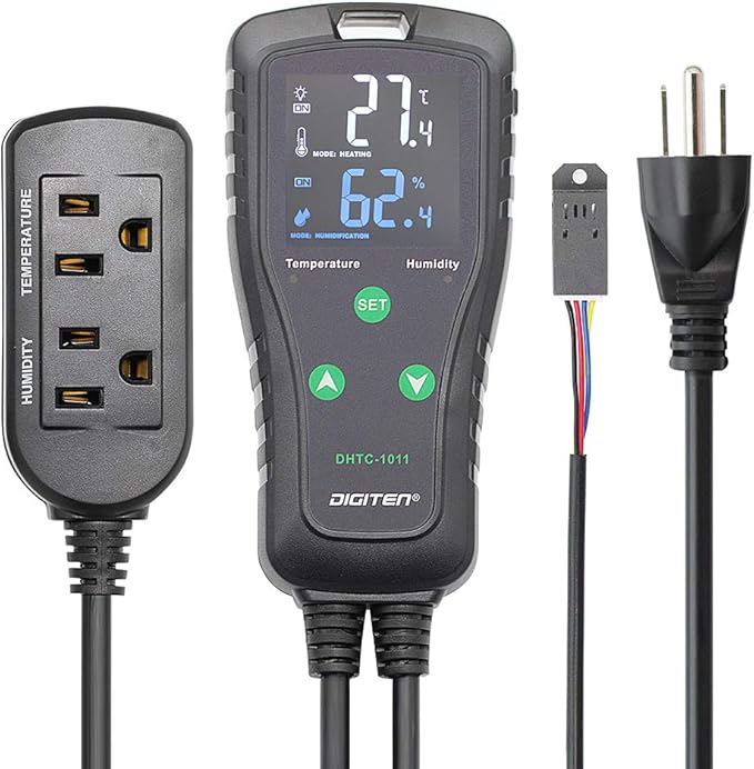 Temperature & Humidity Controller - Outlet Plug-in Thermostat & Humidistat for Reptiles & Greenhouses - Dual Stage Pre-Wired Electronic Controller