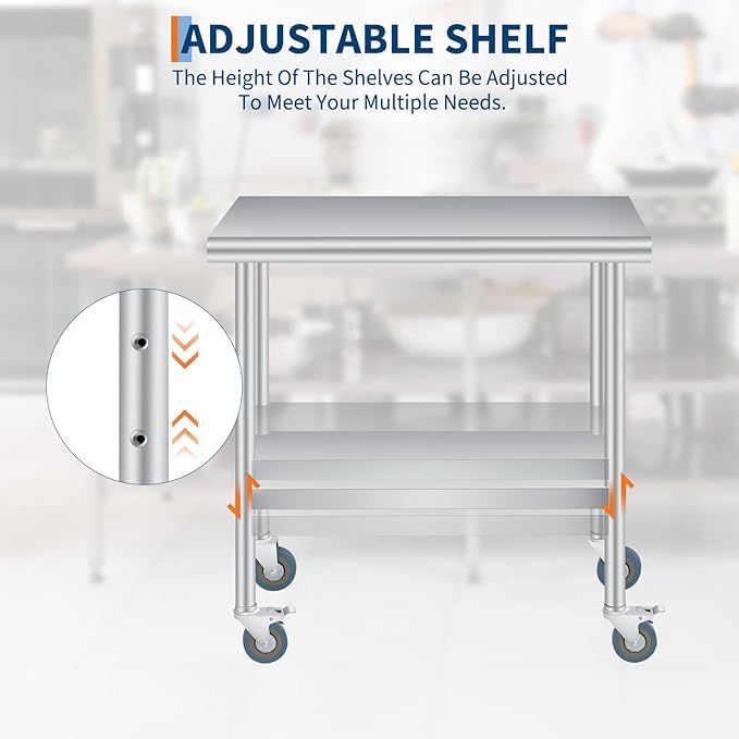  Stainless Steel Prep Table, 24 x 36 Inches Heavy Duty Commercial , with Rounded-Corner, Adjustable Undershelf and 4 Caster Wheels, Heavy Duty Work Table with Adjustable Under Shelf for Outdoor, Res