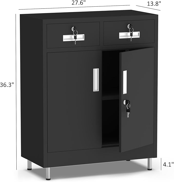 Metal Storage Cabinet with Locking Doors and 2 Drawers, Lockable Storage Cabinet with Adjustable Shelf for Home Office Garage Entryway Pantry (Black)