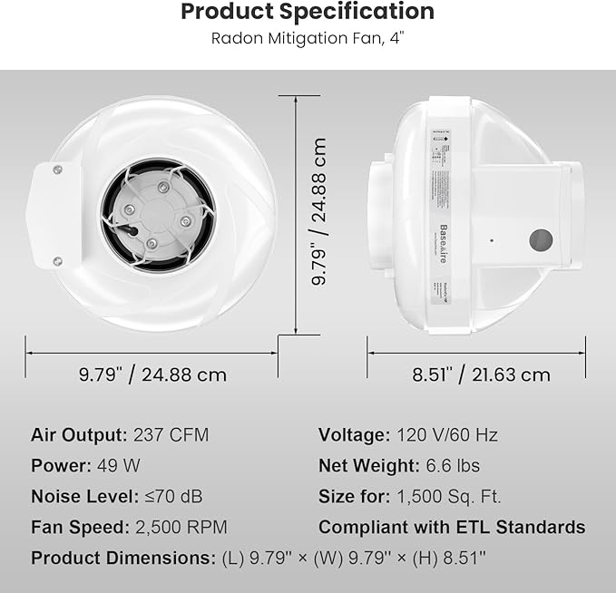 BaseAire 4 Inch 237 CFM Radon Mitigation Fan, Quiet Energy Efficient Radon System, RadonEx 15F Crawlspace or Slab Application, Waterproof Exhaust Fan for Indoor Outdoor Ventilation, 1500 Square Feet