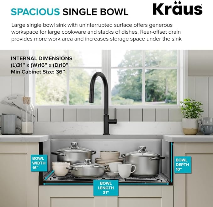 KRAUS Kore 33-Inch Farmhouse Workstation 16 Gauge Single Bowl Stainless Steel Kitchen Sink with Accessories, KWF210-33