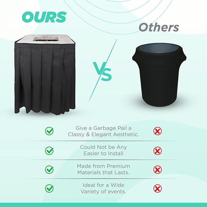 Marble Design Square Garbage Can Cover - Solid Pleated Skirt Topper for 32-35 Gallon Indoor Trash Bins - Black Skirt