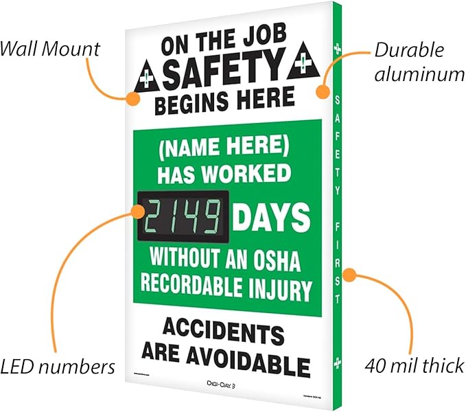 SmartSign "On The Job Safety - Add Your Name Here, Has Worked_ Days Without Injury" Custom Electronic Safety Scoreboard | 20" x 28", Made in USA