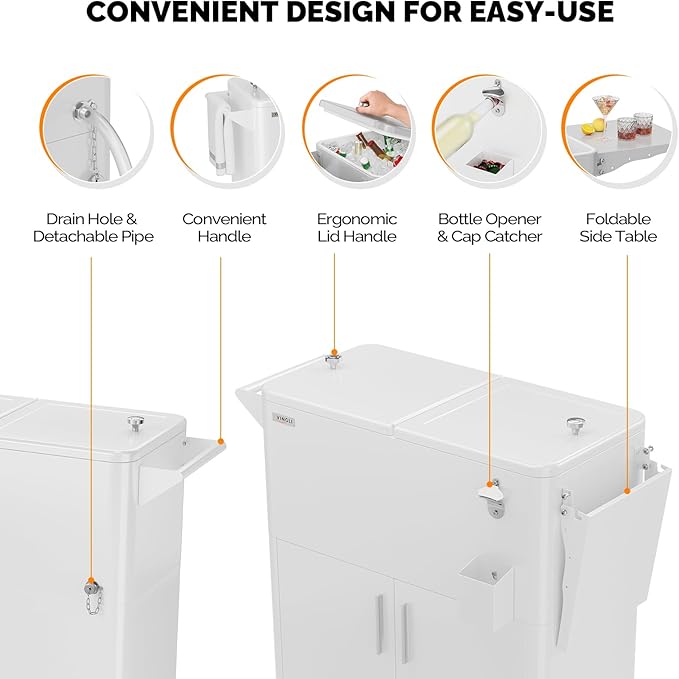 VINGLI Patio Cooler, Ice Chest with Storage Cabinet, Bottle Opener Drainage, Outdoor Cooler for Party, Deck, Pool