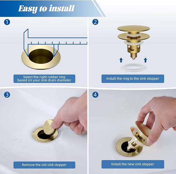 Hibbent All Metal 2 in 1 Bathroom Sink Stopper, Universal Pop Up Drain Strainer, Brass Bullet Core Push Type Sink Stopper for 1.1''~2.3'' Basin, Big Push Button, Anti Clogging Filter, Brushed Gold