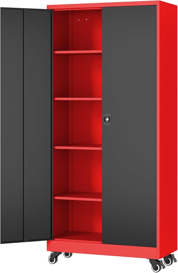 Metal Rolling Storage Cabinet-74.6” Tall Steel File Cabinets with Wheels Lockable Doors and Adjustable Shelves-Black & Red Steel Storage Cabinet for Home, School, Office, Garage