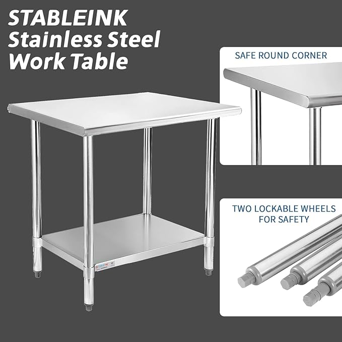 STABLEINK NSF Stainless Steel Prep Table 48 x 24 Inches Metal Work Table with Adjustable Undershelf for Commercial Kitchen, Restaurant, Hotel and Garage