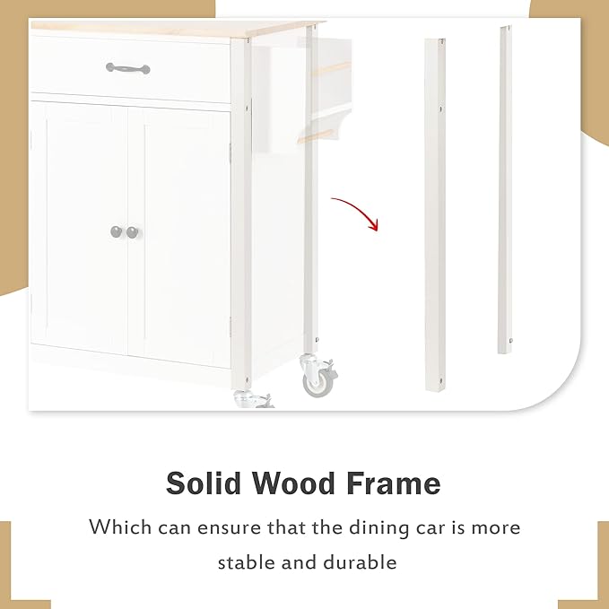 Favfurish Kitchen Island Cart on Locking Wheels with 4 Cabinet and 2 Drawers, Rolling Coffee Bar Trolley w/Solid Wood Tabletop, Adjustable Shelves, Spice & Towel Side Rack, for Dining Room, White