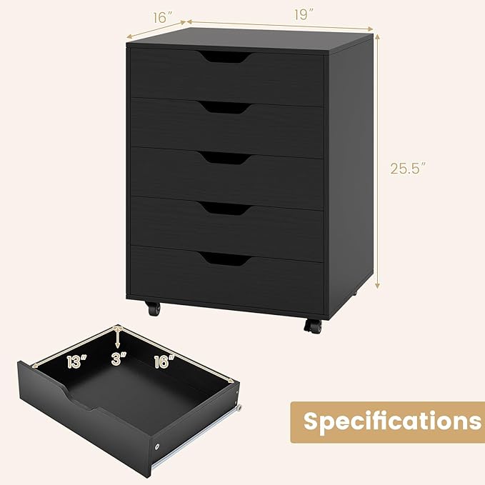 File Cabinet, Mobile Filing Cabinet w/Universal Wheels & 5 Drawers, Wood Printer Stand with Storage, Rolling File Cabinets for Home Office, Living Room, Bedroom (Black, 5 Drawers)