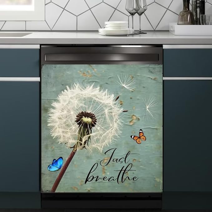 Farm Floral Dandelion Dishwasher Magnet Cover,23"" x 17"" Dishwasher Cover,Retro Countryside Butterfly Magnetic Decal Vinyl Sticker Kitchen Decor Refrigerator Magnets Self Adhesive Wrap, Just Breathe