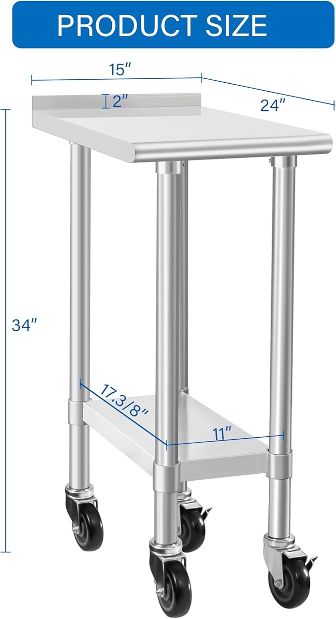 HARDURA Stainless Steel Commercial Work Table with Wheels Prep & Work Metal Table 24×15 Inches Heavy Duty NSF with Casters and 2" Backsplash