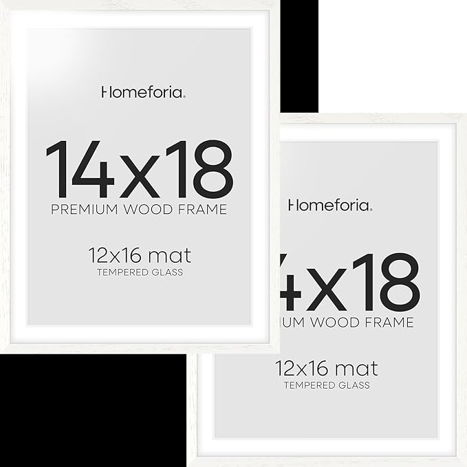 Homeforia 14x18 White Picture Frame, High End Oak 14x18 White Wooden Poster Frames with Mat 12x16 for Print, 14 x 18 Wood Frame Matted to 12 x 16 Photo, 18x14 Frame, Tempered Glass, Wall Kit, Set of 2